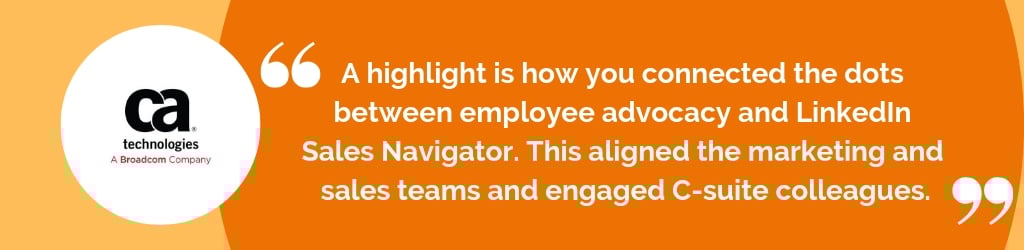 A highlight is how you connected the dots between employee advocacy and LinkedIn Sales Navigator. This aligned the marketing and sales teams and engaged C-suite colleagues.